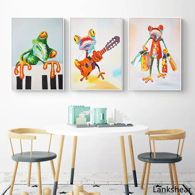 Colorful Frog Playing Piano Guitar and Shopping Child Wall Poster Canvas Art Print Painting Kids Decoration Picture Bedroom | Дом и сад