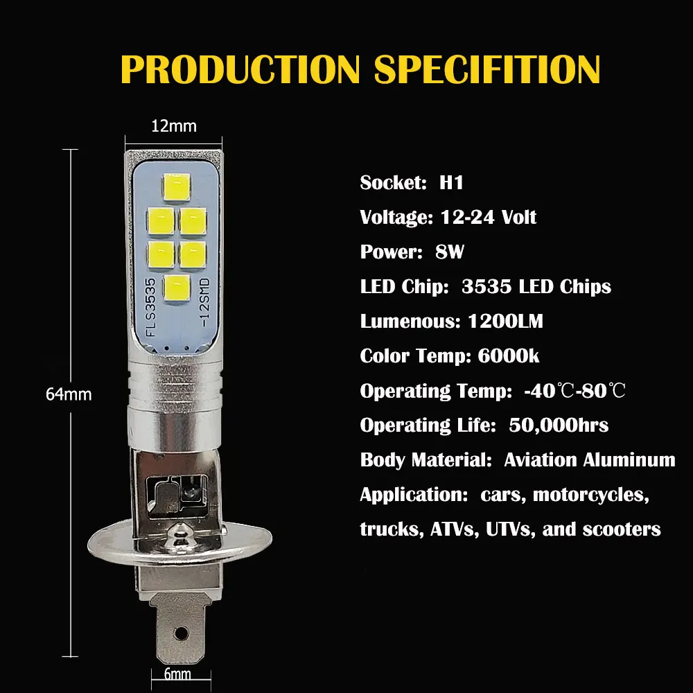 Автомобильная противотуманная фара H1 светодиодный фонарь 12SMD 1400LM супер яркий белый светодиодный противотуманный светильник для автомобиля 6000K белый DC 12V