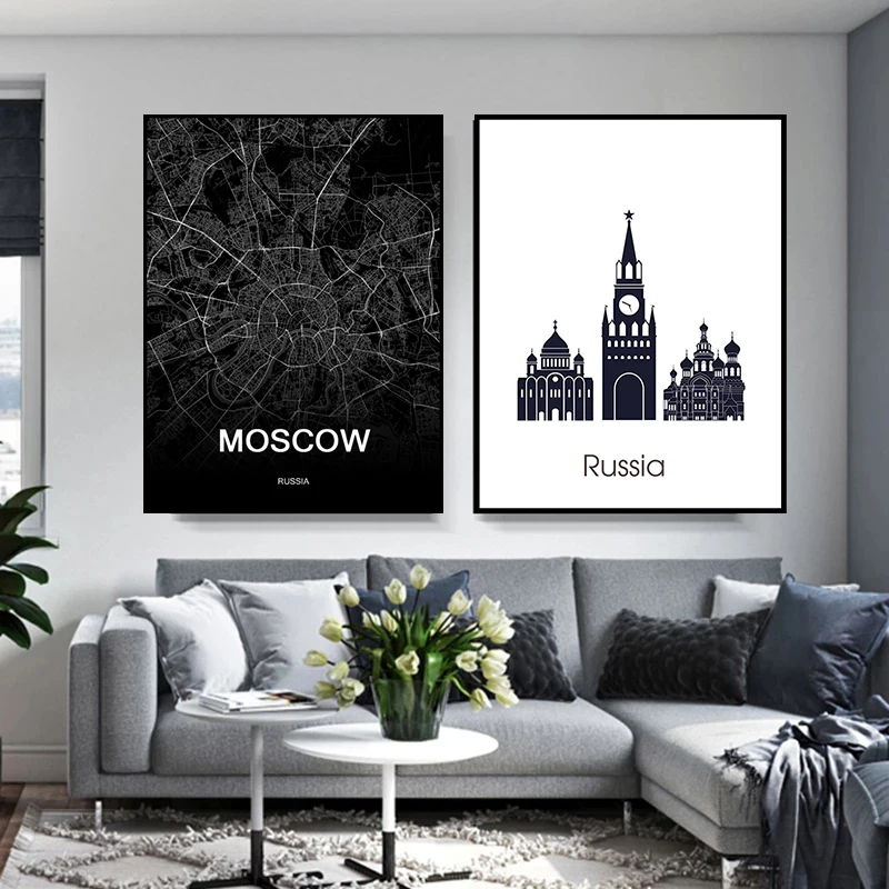

Russia Moscow City Map Poster Travel Print Black and White Minimalist Wall Art Canvas Painting Room Wall Decoration Mural