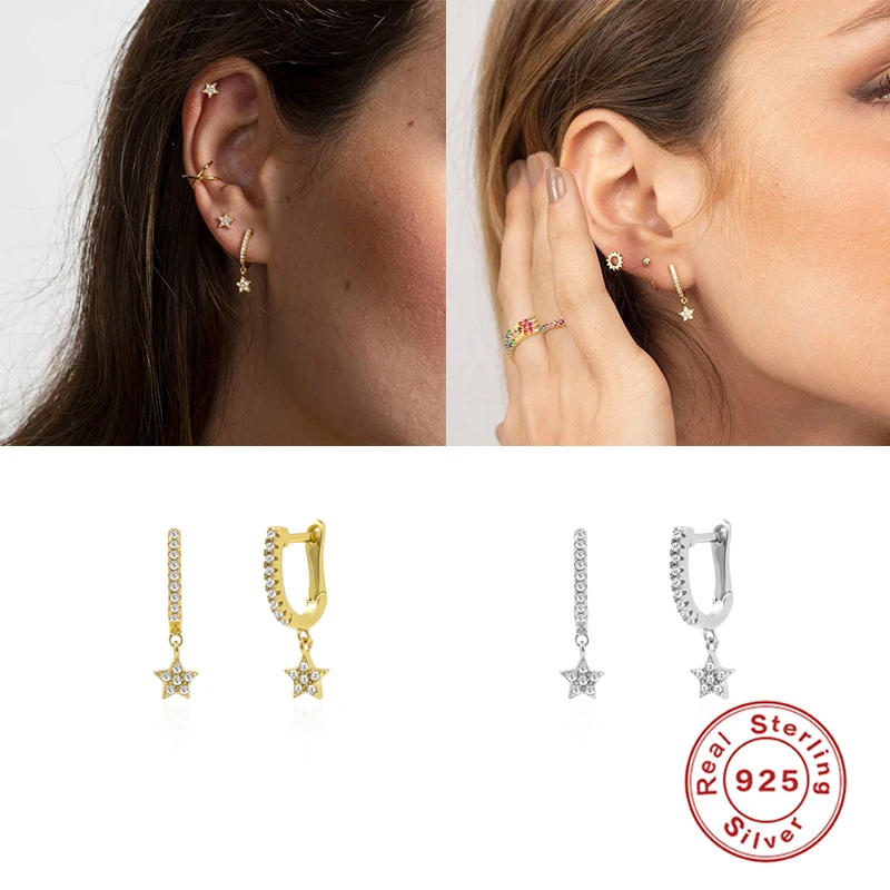 

GS New U-Shape 925 Sterling Silver Hoop Earrings for Women Girls Stars Zircon Crystals Pendant Anniversary Ornaments Jewelry