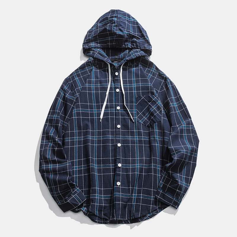Cotton Plaid Shirt Men s Fashion Retro Hooded Shirt Men Loose Casual Shirt Streetwear Wild Long 2