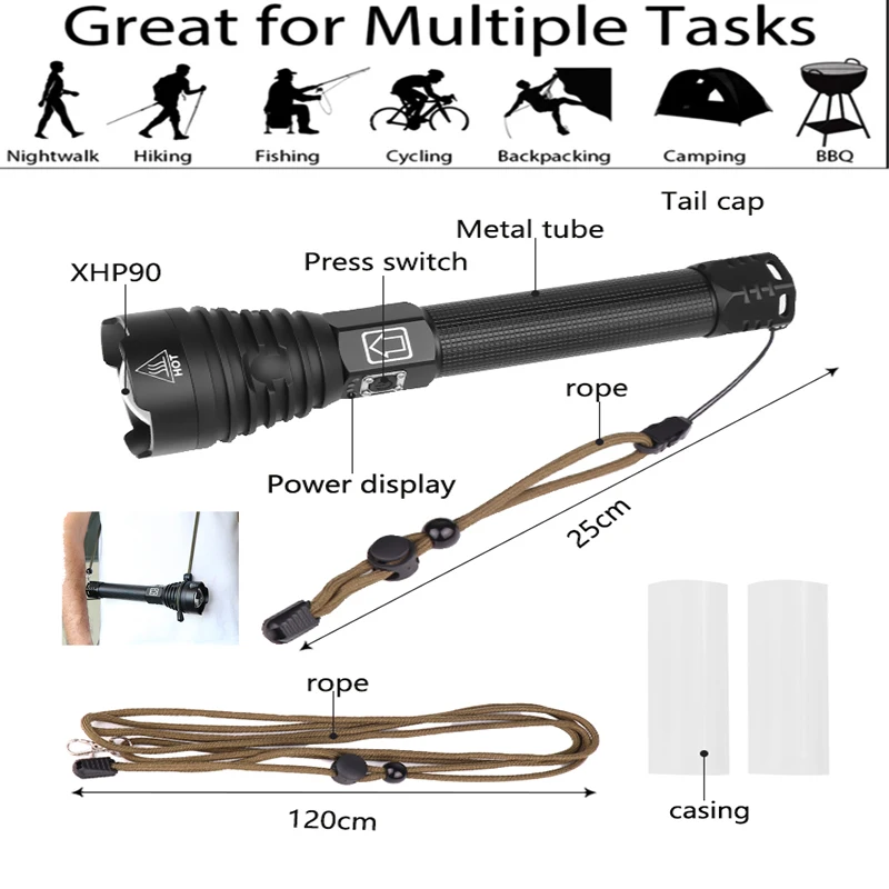 Online 8000LM XHP90 linterna LED más potente XHP70.2 Lámpara USB recargable luz táctica 18650 y 26650 Zoom antorcha Camping caza