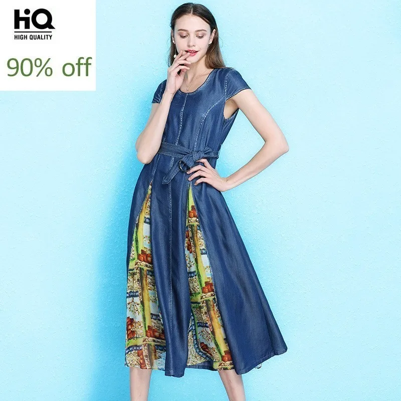 

Top Brand Womens Silk Printed Patchwork Denim Dresses High Waist Short Sleeve O-Neck Sashes Ladies Big Hem Dresses Streetwear