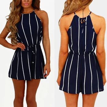 

Trendy Women's Stripe Jumpsuit Romper Shorts Pants Beach Holiday Jumpsuit with Belt Clubwear