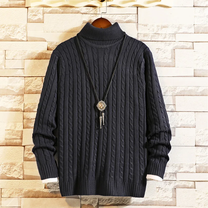 Водолазка зимний черный свитер мужской японский хип-хоп фитнес уличная одежда размера плюс пуловеры мужские модные армейские вязаные свитера - Цвет: Navy Blue