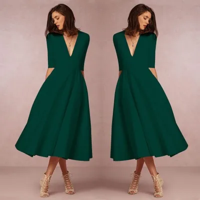 Green Sexy Deep V Neck Womens Causal Autumn Dresses Half Sleeve Mid Calf Women Elegant Party A Line Midi Dress Female Vestidos - Цвет: Green