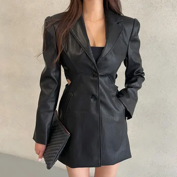 Black Notched Empire-Waist Slim Straight Leather Dress  1