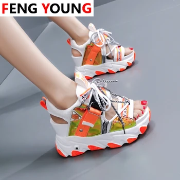 

Women Platform Sandals Chunky Shoes Woman 8cm Height Increasing Wedge Sandal Brand Fashion Lace Up Beach Casual Shoes