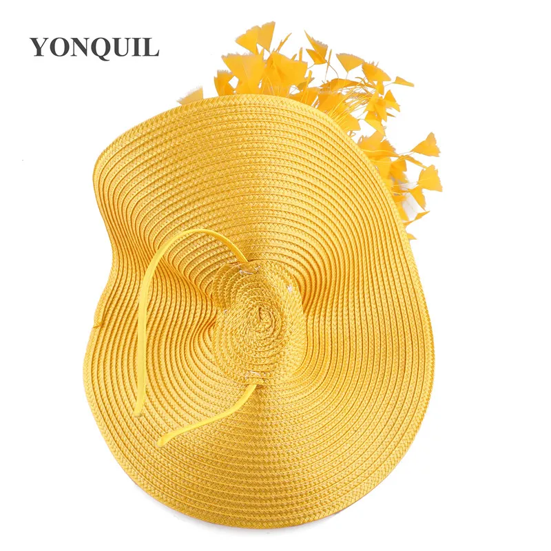 Yellow derby tea feather big fascinator fedora hats bride wedding headwear gorgeous headpiece with nice flower hair accessories