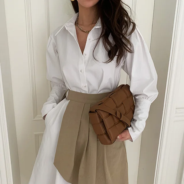 Women Turn Down Collar Irregular Shirt Dress For Laides Elegant Long Sleeve Female Pleated Dress 2022 Spring Autumn 2