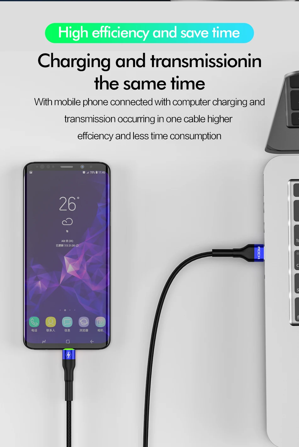 ROCK 5A светодиодный usb type-C кабель для samsung Xiaomi Redmi Note 7 10 QC 3,0 4,0 провод для быстрого заряда шнур USB-C зарядное устройство для мобильного телефона