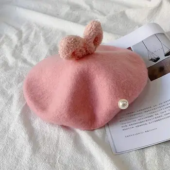 

Keelorn Children Girls Autumn Warm Beret Kids Solid Wool Hats Teenager Girl Cute Rabbit Ear Cartoon Princess Fashion Caps