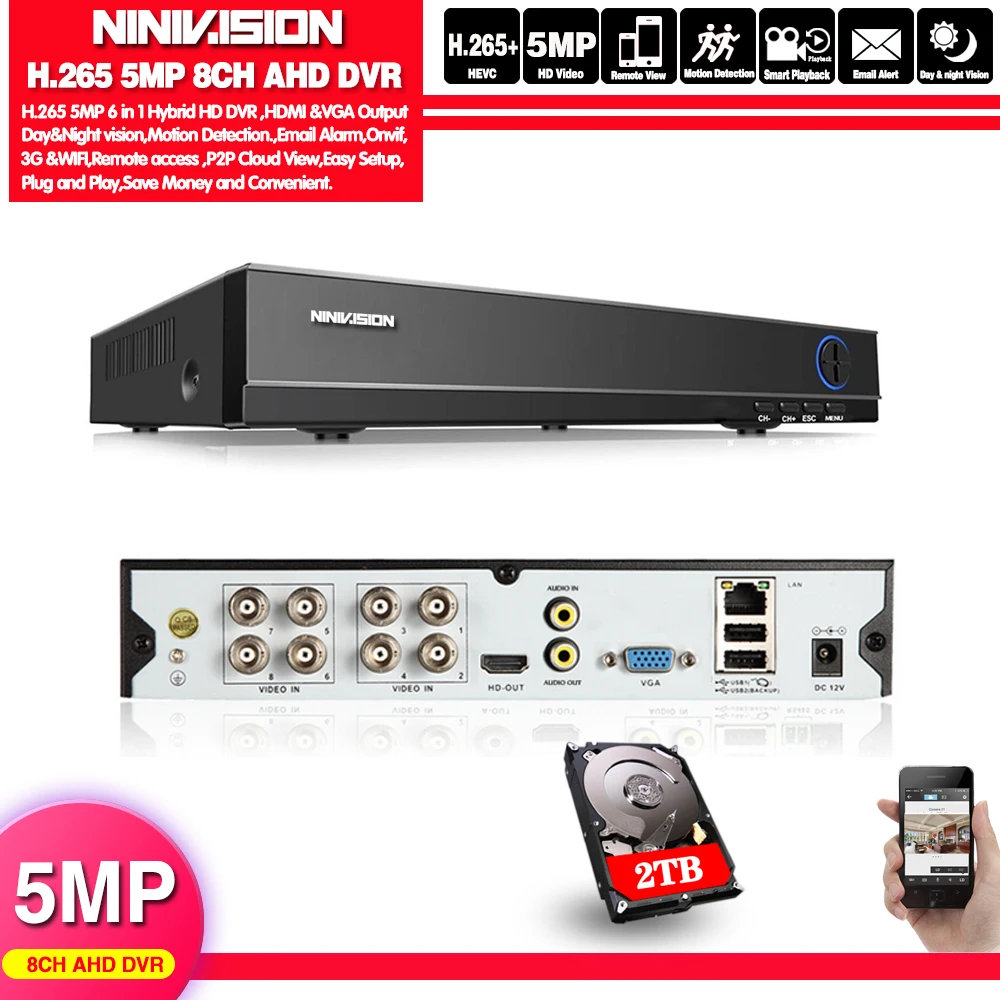 NINNIVISION DVR 8CH камера 5MP TVI/CVI/AHD/IP/CVBS 5 в 1 NVR цифровой видеорегистратор CCTV система