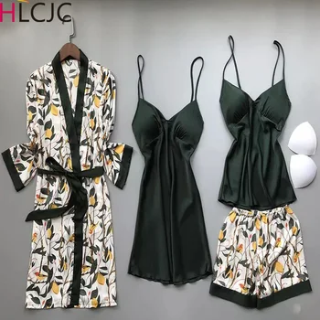 

4 Pieces Womens Pajamas Silk Satin Top Floral Sexy Pajamas Women Summer 2019 Pyjama Mujer Pyjamas for Women Sleepwear Female