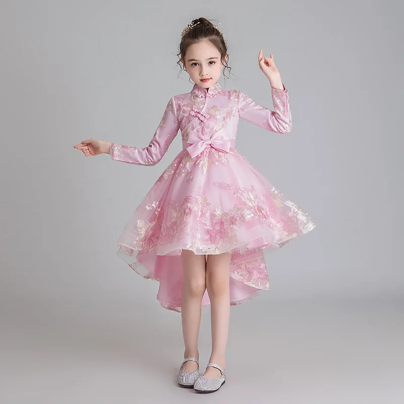 Детский Национальный чехонсам вечерние платья принцессы с цветочной вышивкой для девочек на день рождения, танцевальное шоу, вечерние платья с хвостом