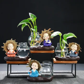 

Glass Green Radish Hydroponic Resin Straw Hat Small Monk Creative Vase Home Hotel Copper Money Grass Ceramic Flower Pot Vase