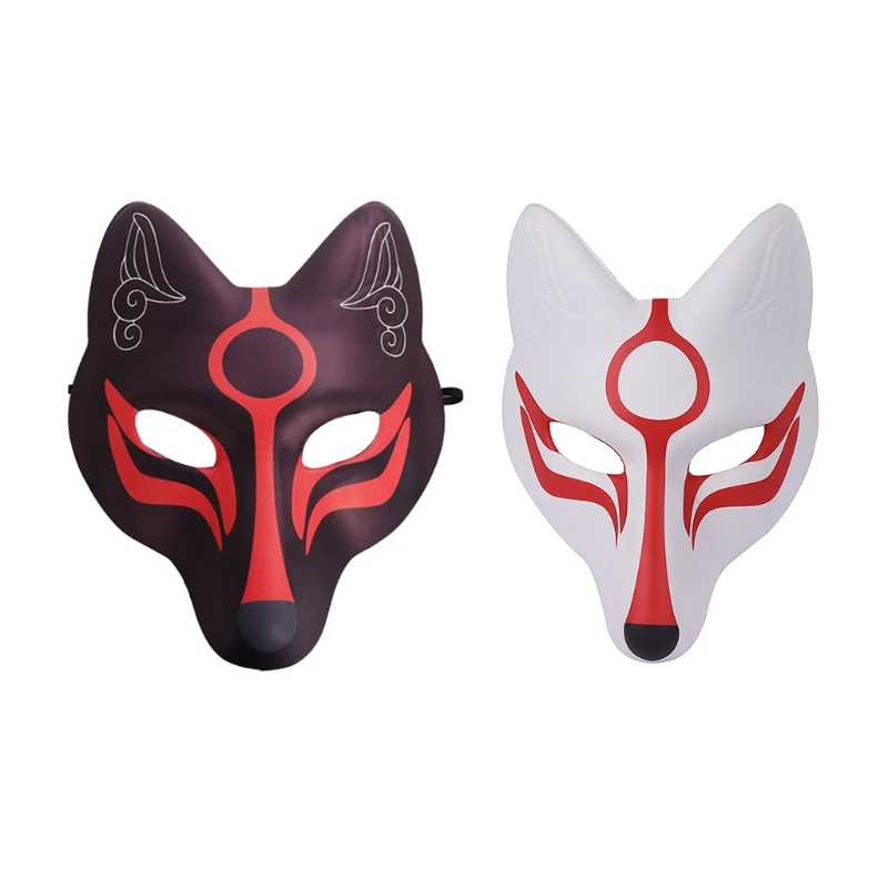 Pu Leather Japanese Kabuki Kitsune Foxes Masks Japanese Anime Cosplay Halloween Party Costume Props with Elastic Belt