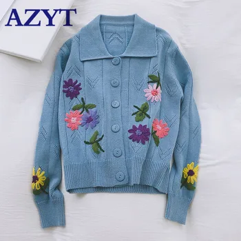 

AZYT 2020 Turn Down Collar Knit Female Cardigan Autumn 3D Floral Embroidery Cropped Cardigan Female Jacket Vintage Sweater Coat