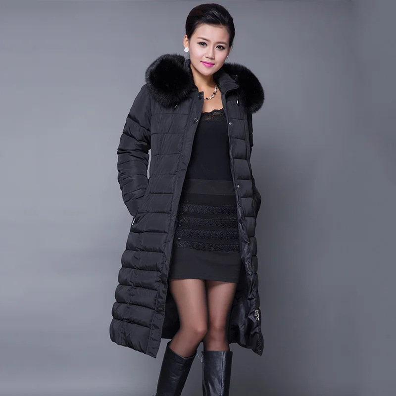 

Women X-long Puffer Jacket Ladies Parka Hooded Thick Fur Collar Cotton Warm Padded Large Sizes Casual Overcoat Outerwear