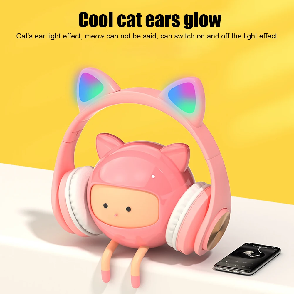 With LED Light Gaming Ergonomic Cat Ear Cute Wireless Bluetooth Headset Calling Glowing Noise Cancelling Stereo Sound Hands Free