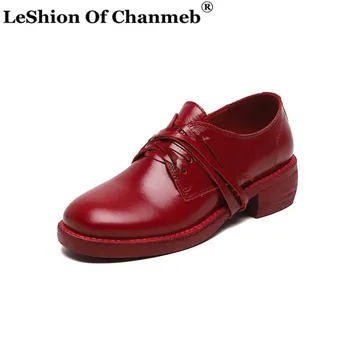 

Full Grain Leather Shoes Women Lace up Chunky Heels Derby Shoes Woman Ladies Large Size 43 Big Round Toe Pumps Zapatos De Mujer