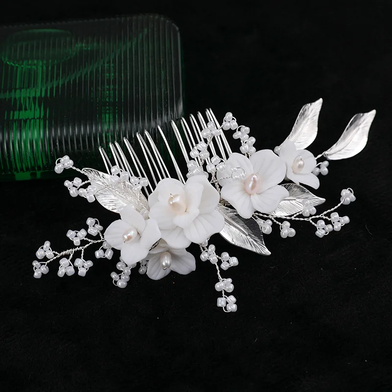 Floralbride Alloy Leaf Crystal Rhinestone Ceram Flower Freshwater Pearls Bridal Hair Comb Wedding Hair Accessories Women Jewelry