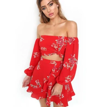 

Fashion Print 2pcs Women's Sets Off Shoulder Long Sleeve Crop Tops+Ruffled Bandage Mini Skirts Summer Boho Clothing for Women