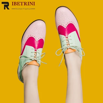 

RIBETRINI New Brand Candy Color Dress Shoes Women lace-up Genuine Leather Flats Low Heel Concise mixed-color Flats