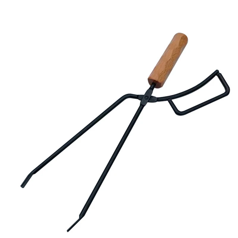 Barbecue Charcoal Clip Iron Wood Handle Anti-Scalding with Leather Cover Outdoor Camping BBQ Bonfire Stove Fireplace |