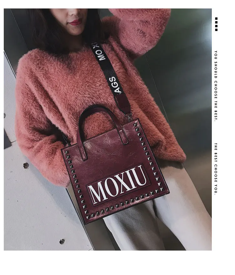 

2019 new fashion Korean version of waxed rivet generous bag shoulder diagonal women's bag PU