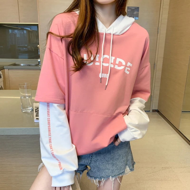 

Hooded Sweatshirt Women Harajuku Autumn Thin Hoodies Fashion Letter Printed Woman Hoodie Casual Girls Fake Two Clothes for Teens