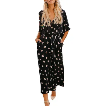 

Women Floral Print Jumpsuits V Neck Wide Leg Batwing Sleeve Tie Mid Waist Romper rompers womens jumpsuit summer
