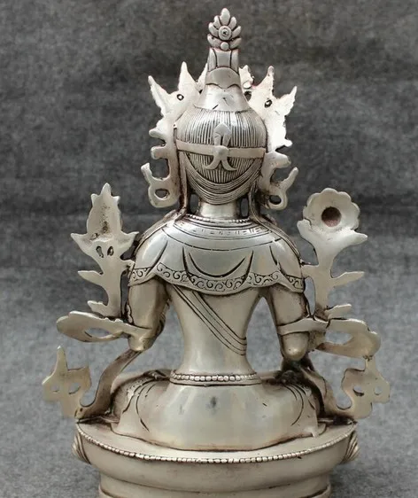 320 12" Tibet Silver Buddhism Protect 7 Eye White Tara Goddess Buddha Statue Joss