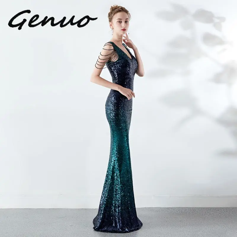 Genuo, новинка, Trajes De Gala, v-образный вырез, вечерние платья, сексуальные, с блестками, на молнии, сзади, Русалка, в пол, Vestido De fiesta largo