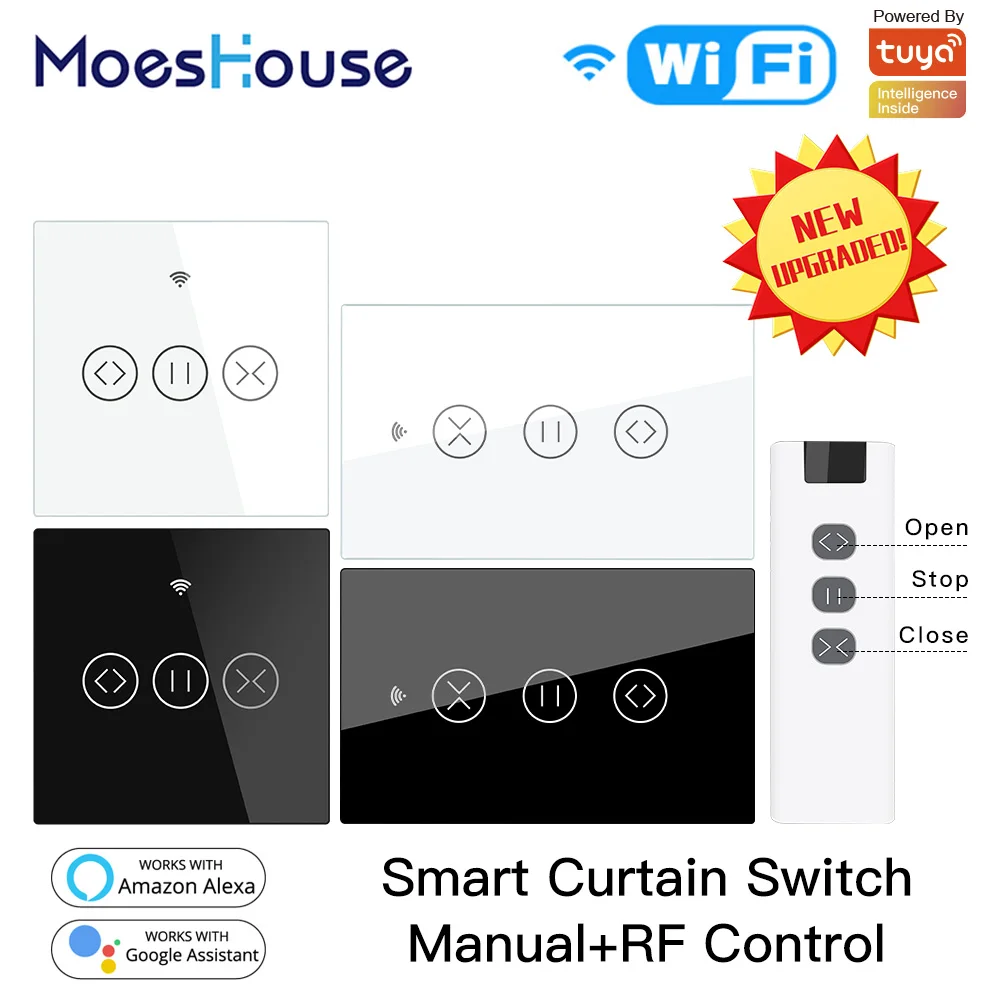 

US EU WiFi RF433 Smart Touch Curtain Roller Blinds Motor Switch Tuya Smart Life App Remote Control Works with Alexa Google Home