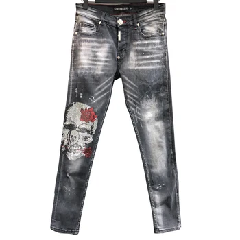 

Starbags PP original skull head hot drill European version slim elastic straight leg leather hole jeans fashion men's trousers
