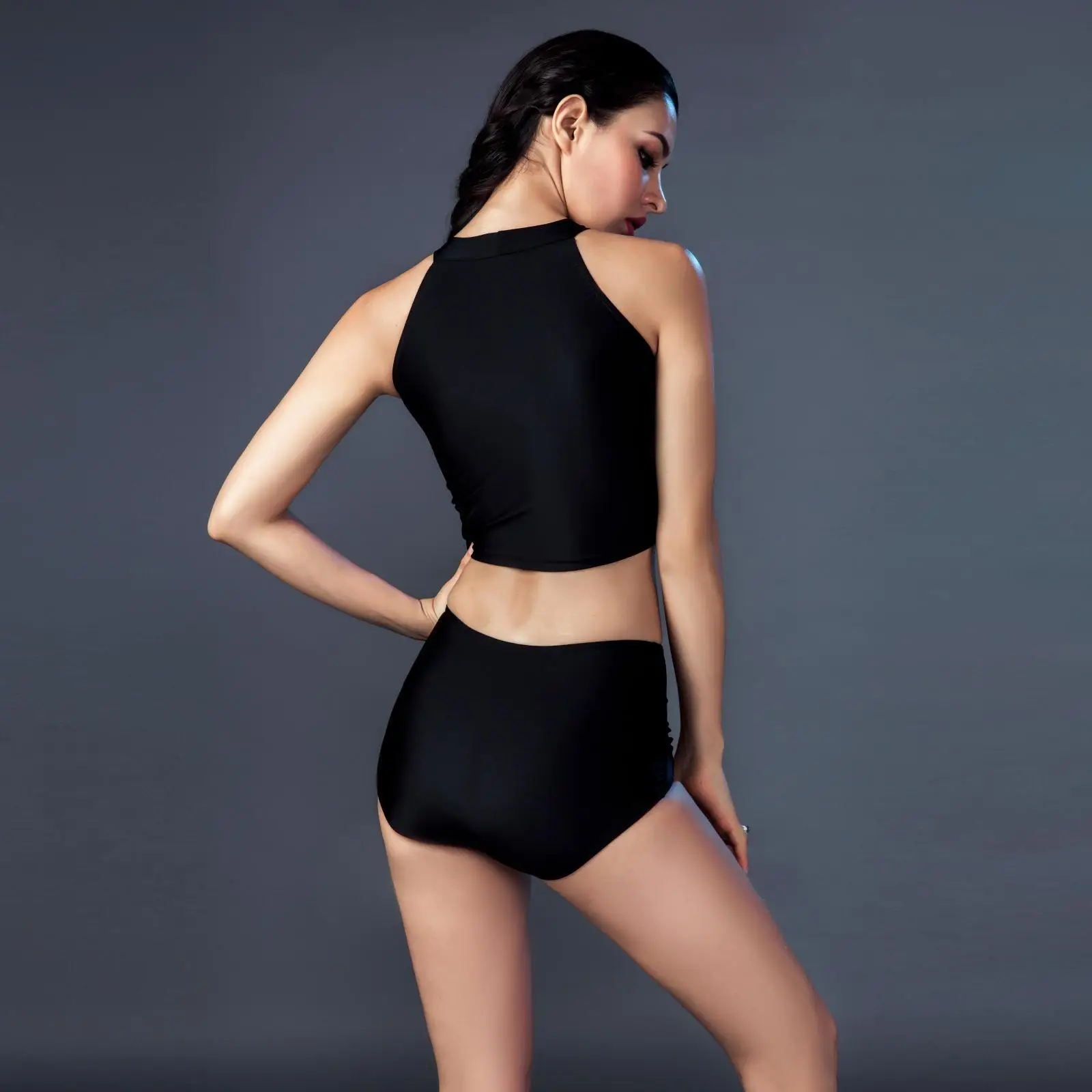 

High-waisted Female Sports Two-piece Swimsuits Black And White with Pattern Small Bust Gathering Belly Covering Slimming Conserv