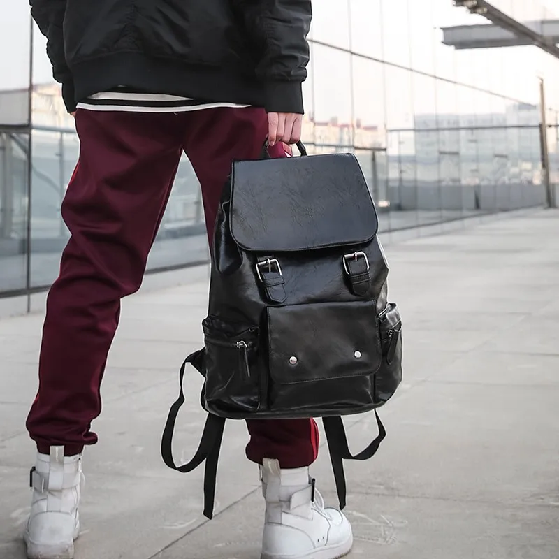 Unisex Backpack Fashion Youth Trend PU Leather Backpack Waterproof Simple Male And Female Quality Backpack Black Cool Student