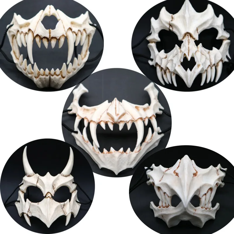 Хэллоуин Половина маска животного белая маска с костью Tengu Дракон Якса тигр Смола Маска Косплей Длинные зубы демон самурайская Смола Маска Cos
