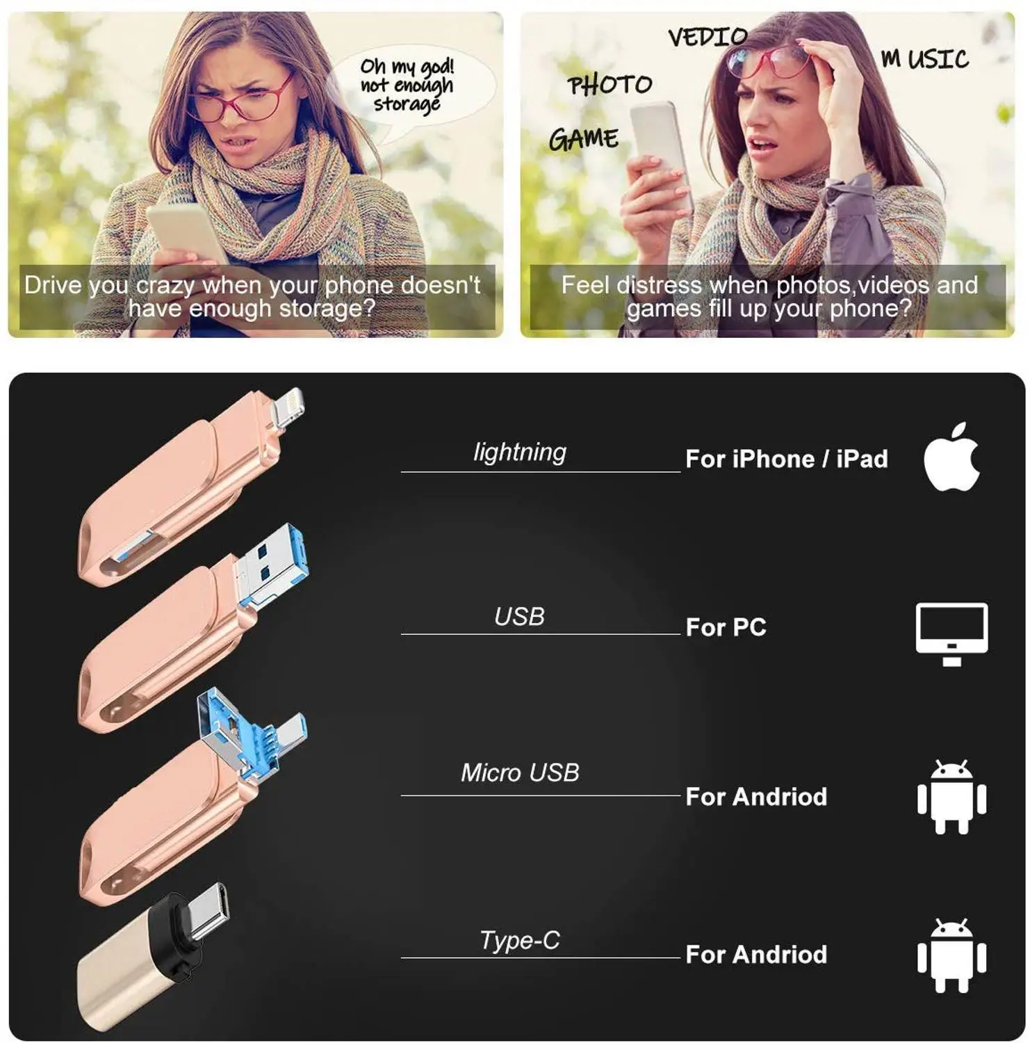 USB флеш накопитель 3 в 1 16 ГБ 32 64 128 256 для iPhone/ПК/Android серия с usb портом 0 флешка