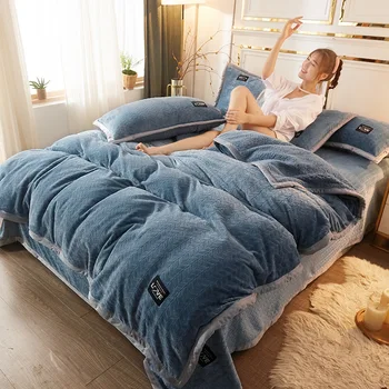 

AB Side Velvet Queen Size luxury Bedding Sets Winter Warm Fleece Flat Sheet Duvet Cover Sheet King Size 4pcs Pure Color Home