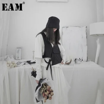 

[EAM] Women Black Asymmetrical Bandage Stitch Loose Fit Vest New V-collar Sleeveless Fashion Tide Spring Autumn 2020 1S224