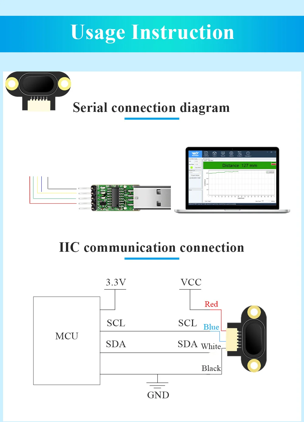 uart VL53-400 (4-400cm), módulo da distância do