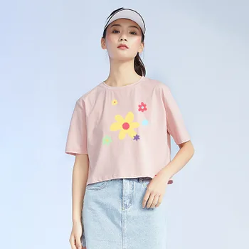 

2020 women's loose T-shirt round neck solid color shirt printed flower pattern T-shirt