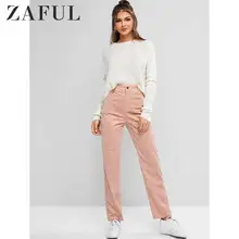 ZAFUL вельветовые штаны с высокой посадкой, с карманами, на молнии, однотонные женские штаны, Осень-зима, повседневные, повседневные, уличная одежда