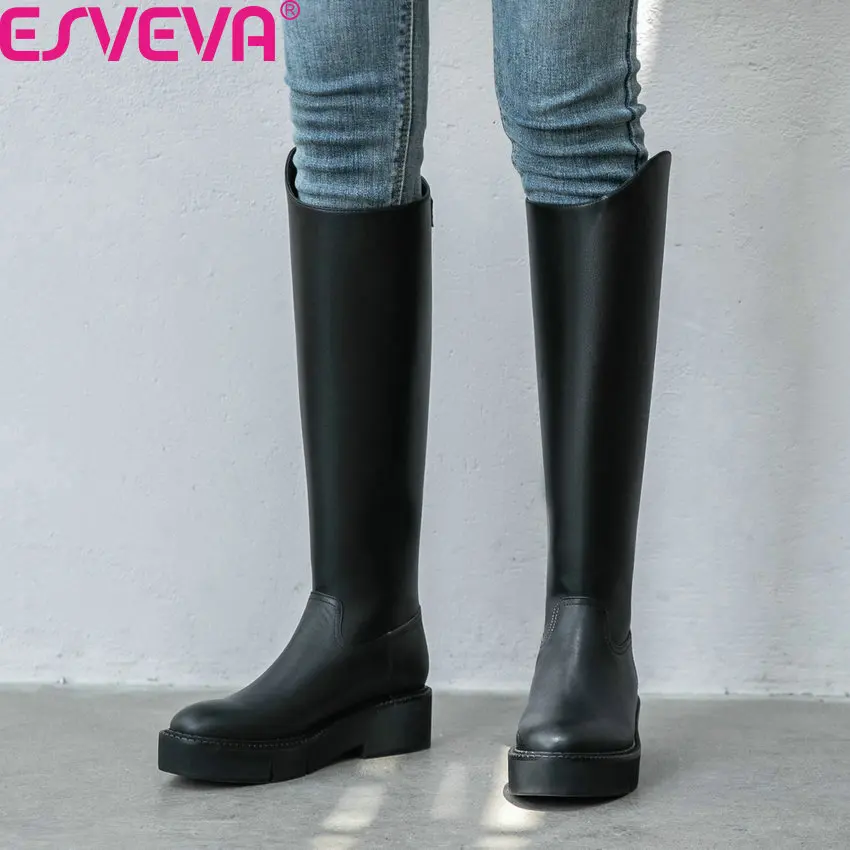 

ESVEVA 2020 Patchwork Cow Leather Flock Autumn Winter Knee High Boots Round Toe Square Middle Heel Zipper Women Shoes Size 34-39