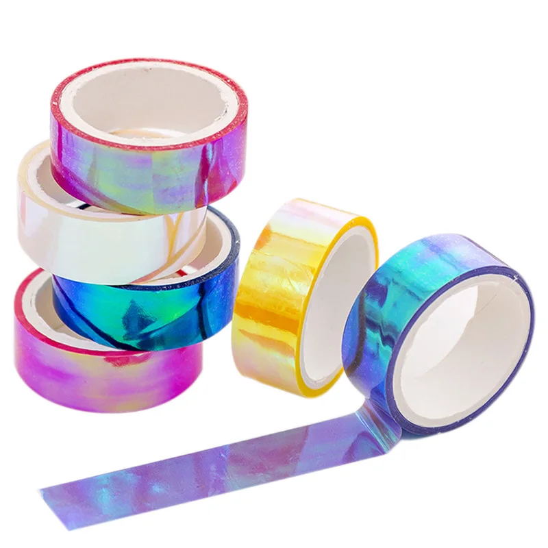 MOHAMM 15mm Wide Rainbow Holographic Colored Masking Tape Translucent Labelling Decorative Waterproof for DIY