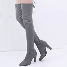 Женские сапоги; пикантные Сапоги выше колена; Мода года; Модные женские зимние сапоги до бедра; Замшевые Сапоги выше колен на высоком каблуке