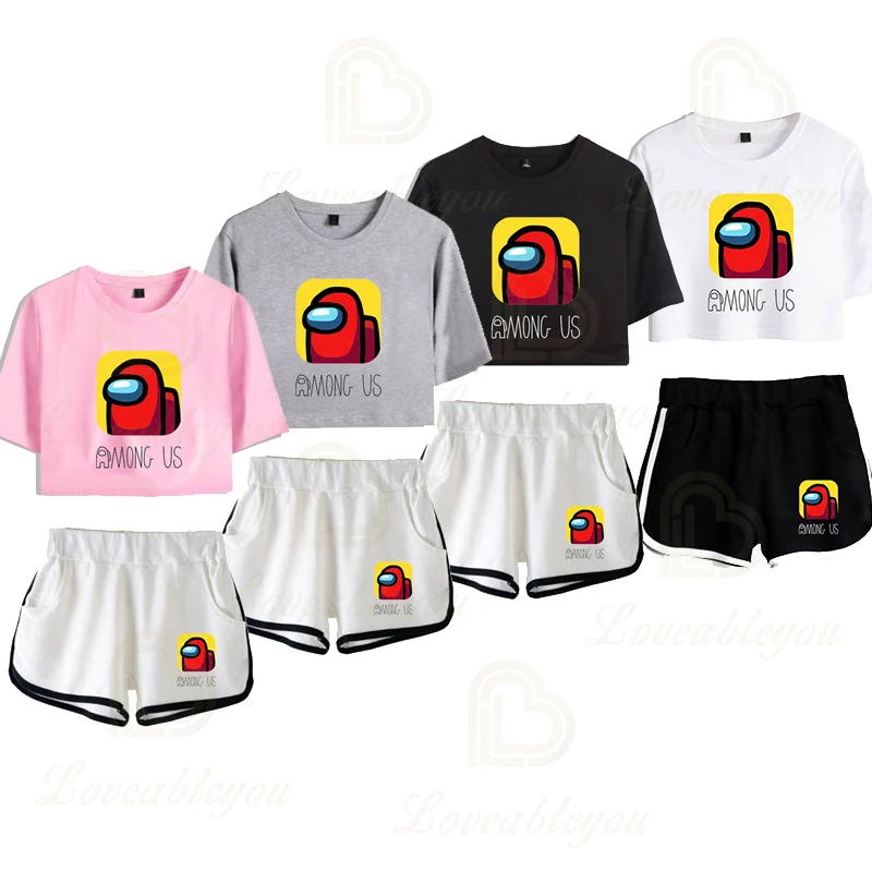 

Among Us Clothes Female Tracksuit Two Piece Set Summer Short Sleeve Crop Top+Shorts Suit Video Games Street Style Women's Sets