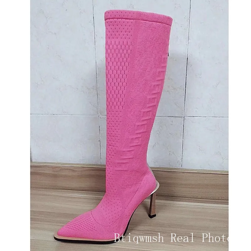 Вязаные эластичные сапоги до колена; женская обувь с острым носком и вышивкой на необычном высоком каблуке; женские эластичные ботильоны для подиума - Цвет: Pink long boots